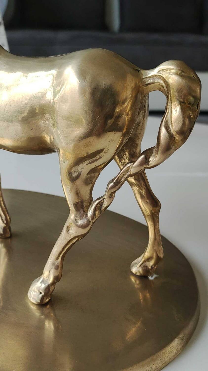 Large vintage horse in exercise figurine on oval base, in polished brass 26 x 19 cm