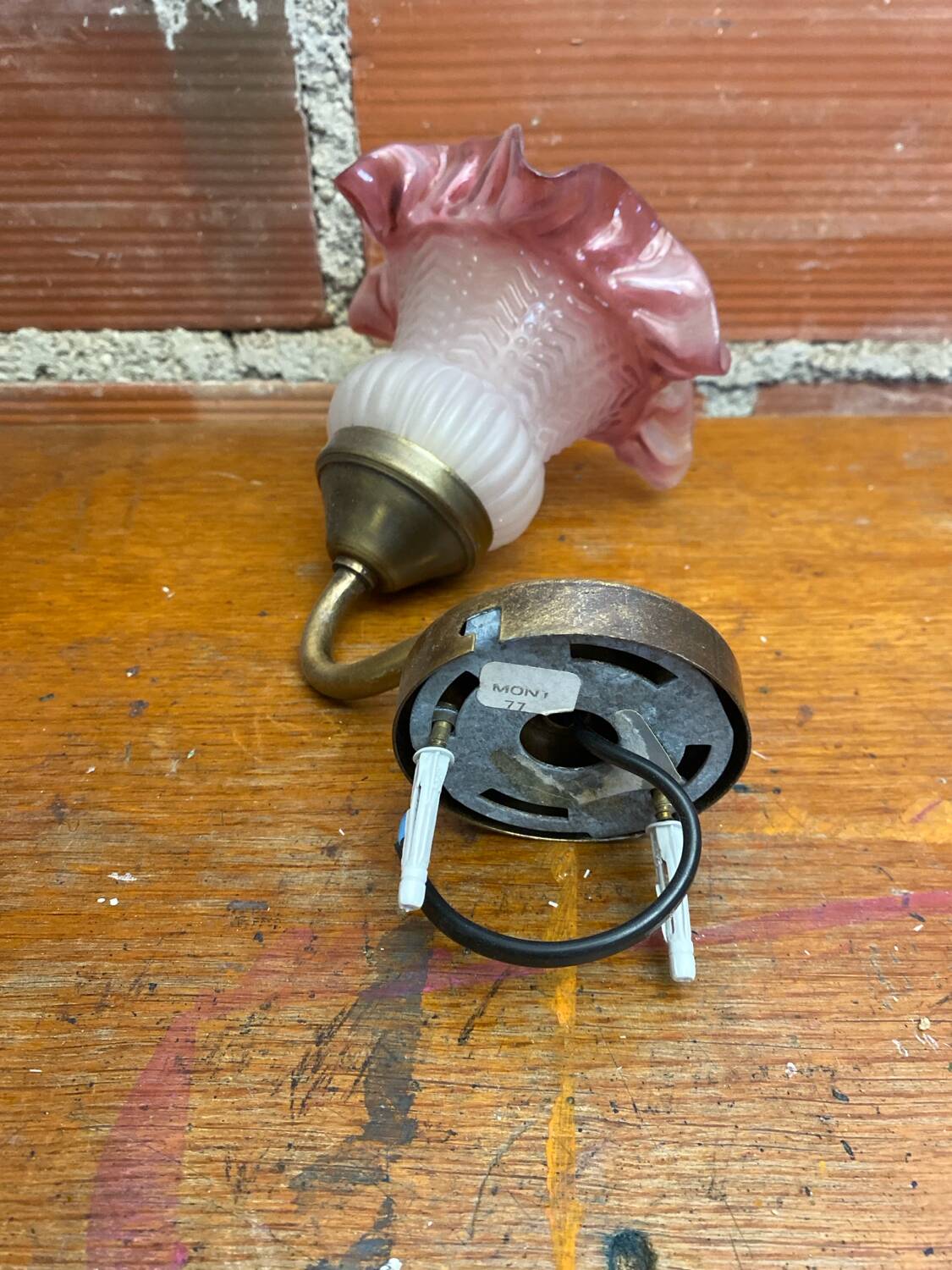 Antique Swan Neck Wall Lamp Gold Metal + Vintage Pink Glass Tulip