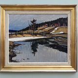1948 Mid-Century Modern Swedish "Still" Vintage Landscape Oil Painting, Framed