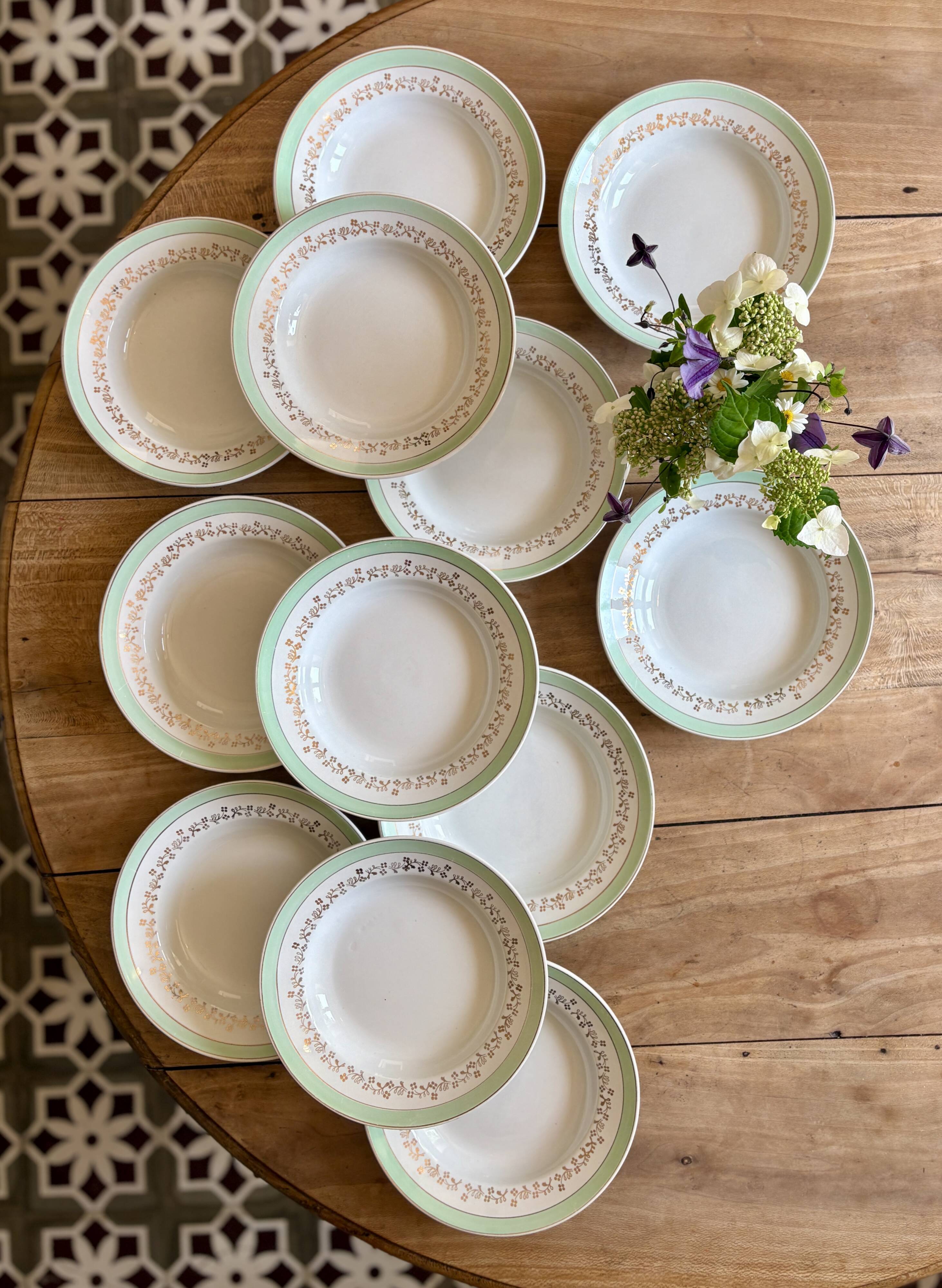 Set of 12 white, mint and gold soup plates, Mosèle de Luné model