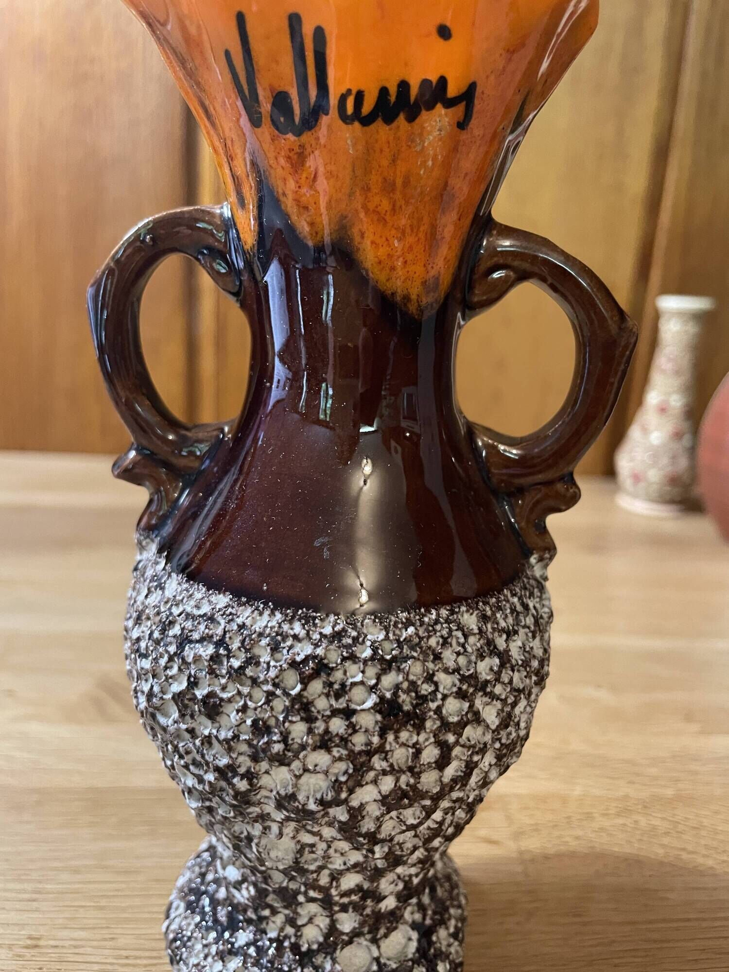 Small Vallauris ceramic vase orange brown and white 70s