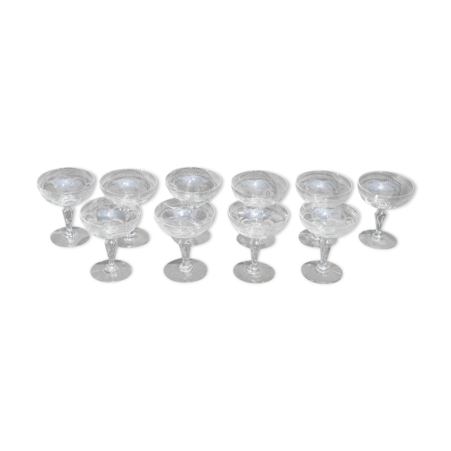 10 glasses of old champagne blown glass engraved Vierzon Thouvenin Portieux