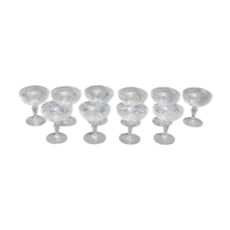 10 coupes à champagne anciennes verre soufflé gravé Vierzon Thouvenin Portieux
