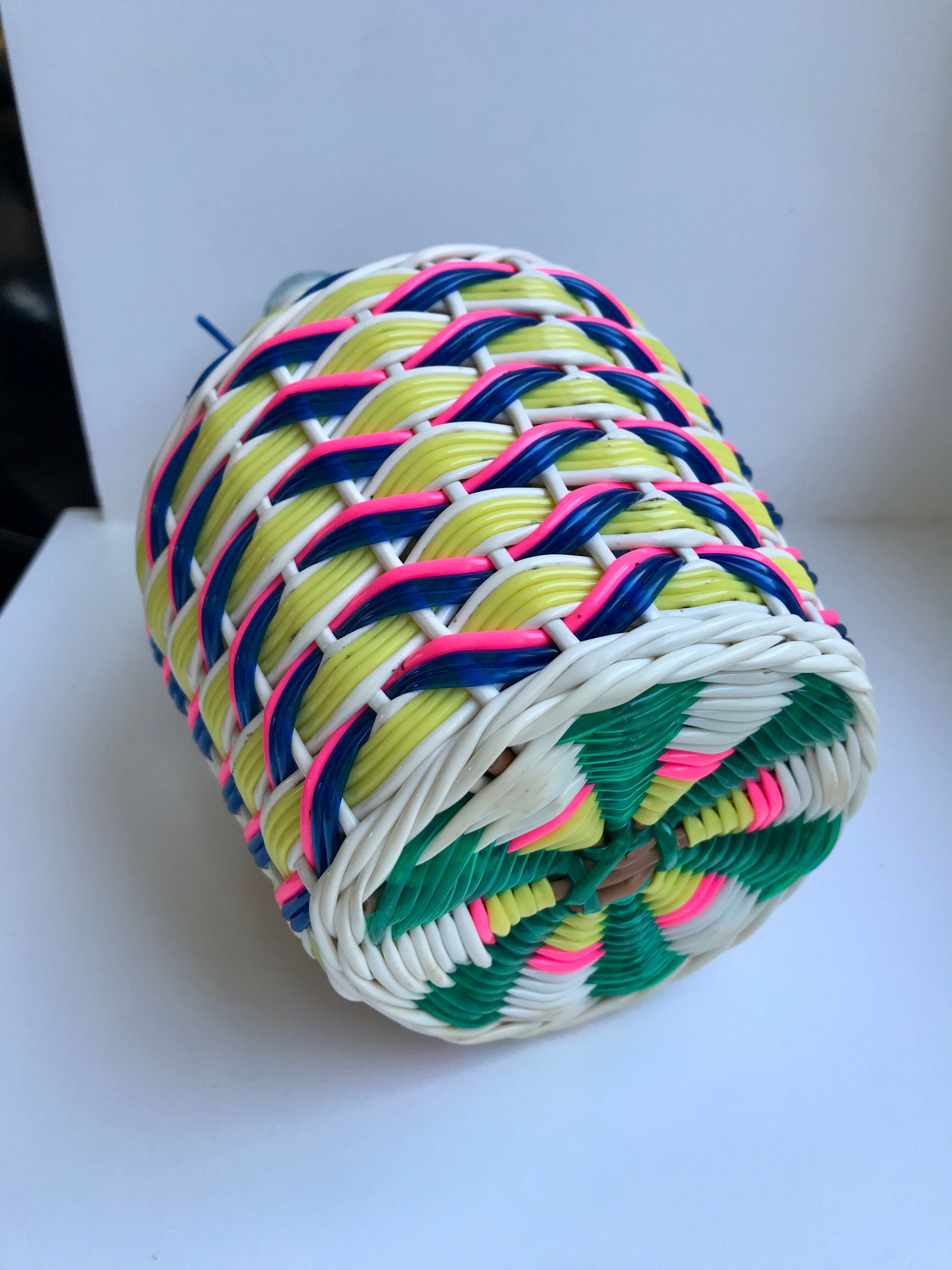 Scoubidou bottle with blue pink and yellow handle 70s