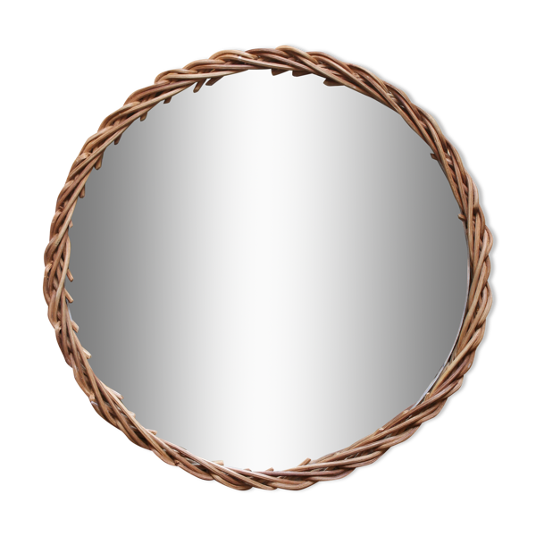 Plateau déco miroir entouré de rotin / osier vintage