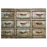 Workshop furniture in patinated solid wood with 56 drawers and 8 lockers
