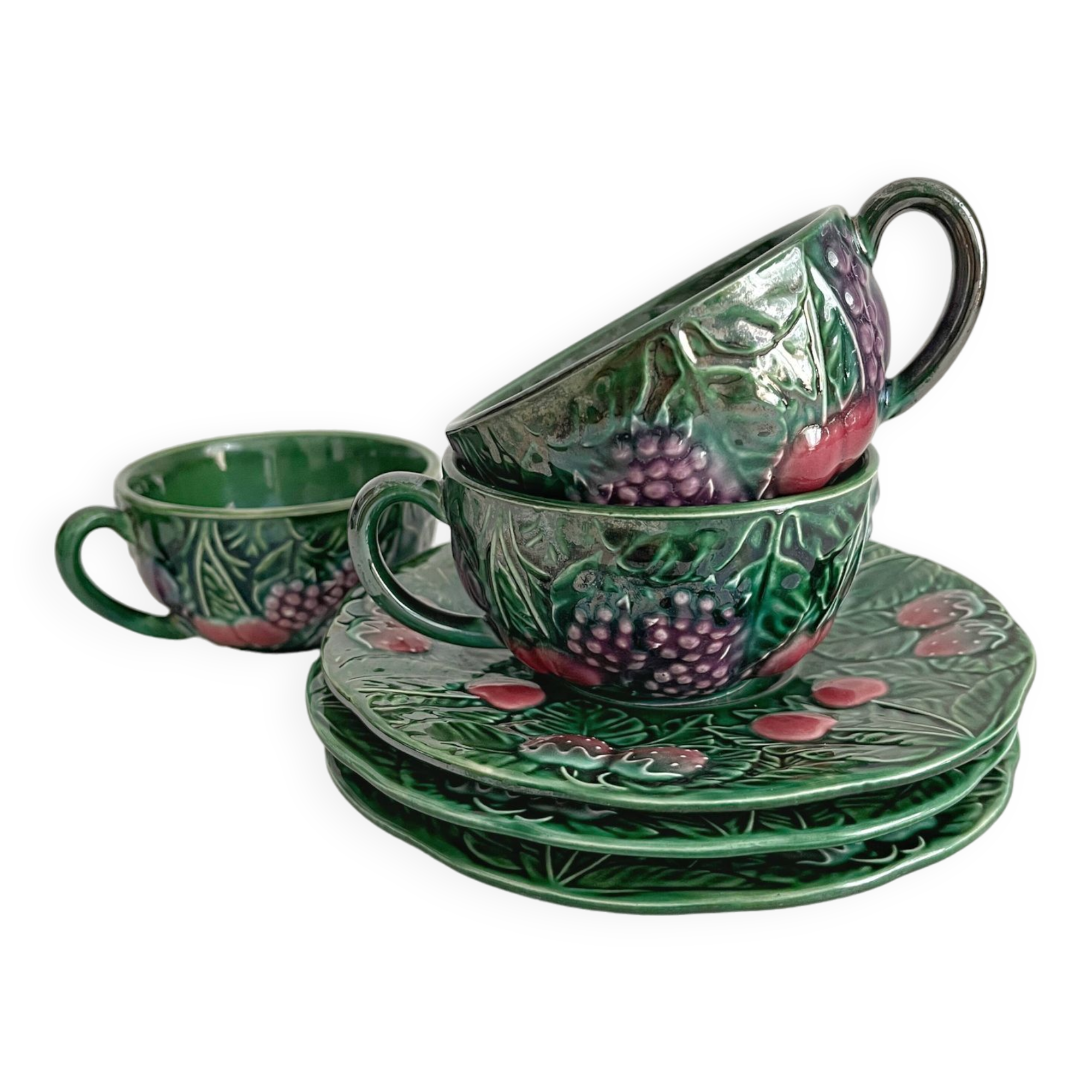 3 earthenware cups and saucers in barbotine fruit decor Salins vintage