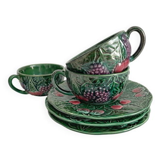 3 earthenware cups and saucers in barbotine fruit decor Salins vintage