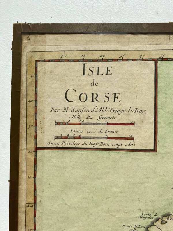 Ancienne carte de l'Isle de Corse encadrée sous verre
