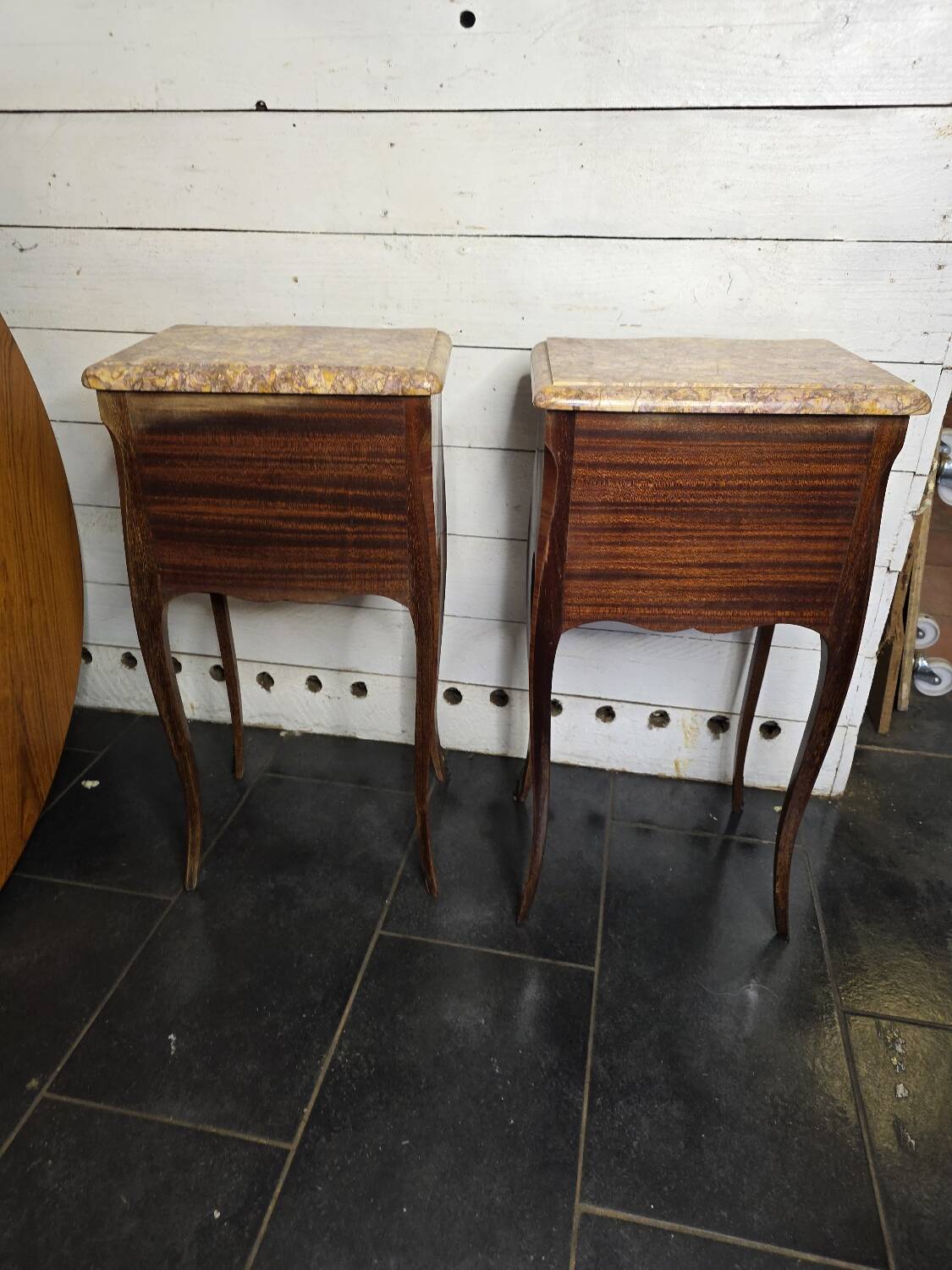 Pair of Louis XV style curved bedside tables in marquetry