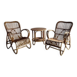 Pair of natural rattan lounge chairs with matching round table — brown mid-century boho set
