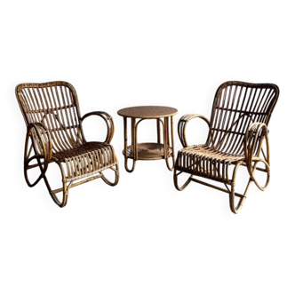 Pair of natural rattan lounge chairs with matching round table — brown mid-century boho set