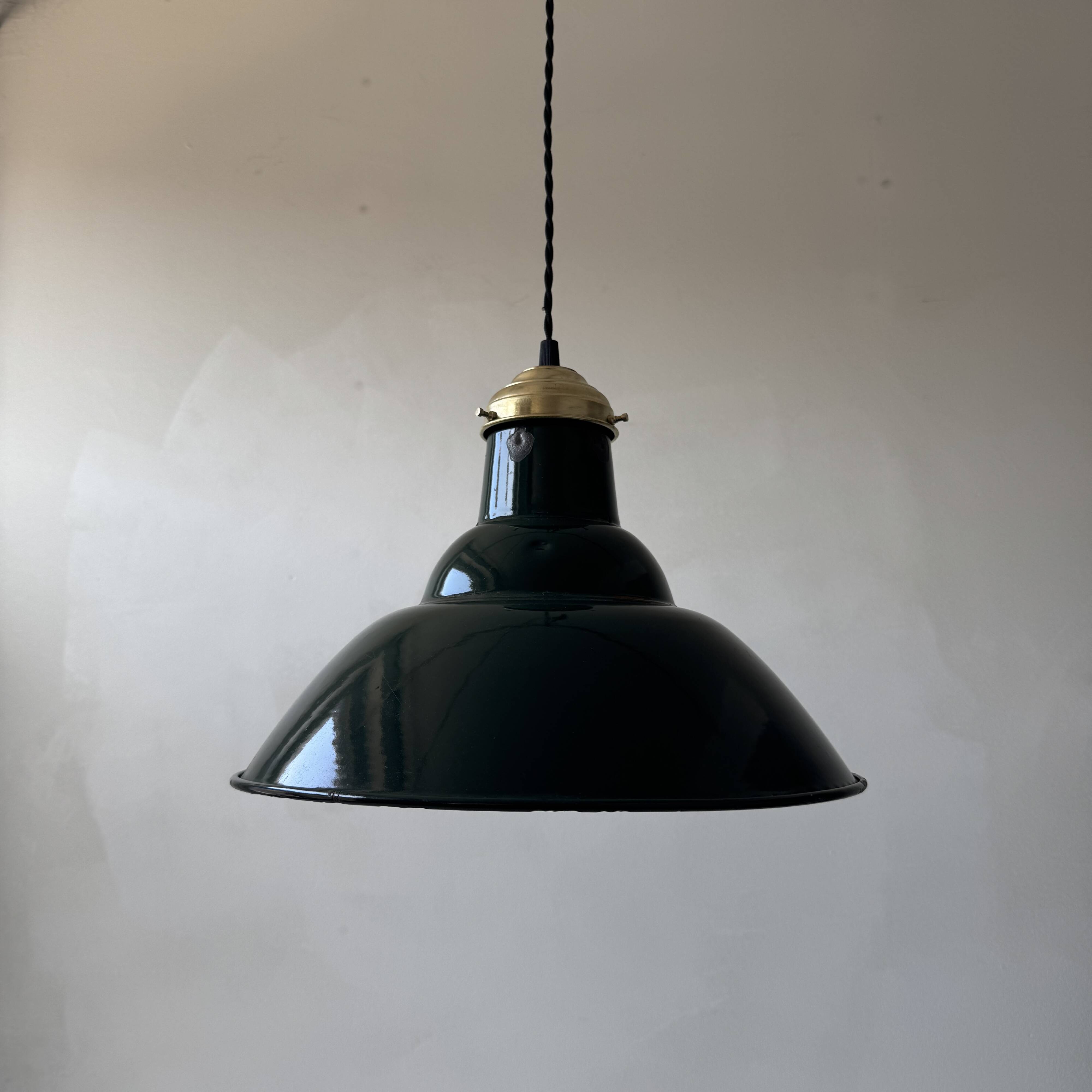 Old industrial pendant light, green enamel, 34 cm