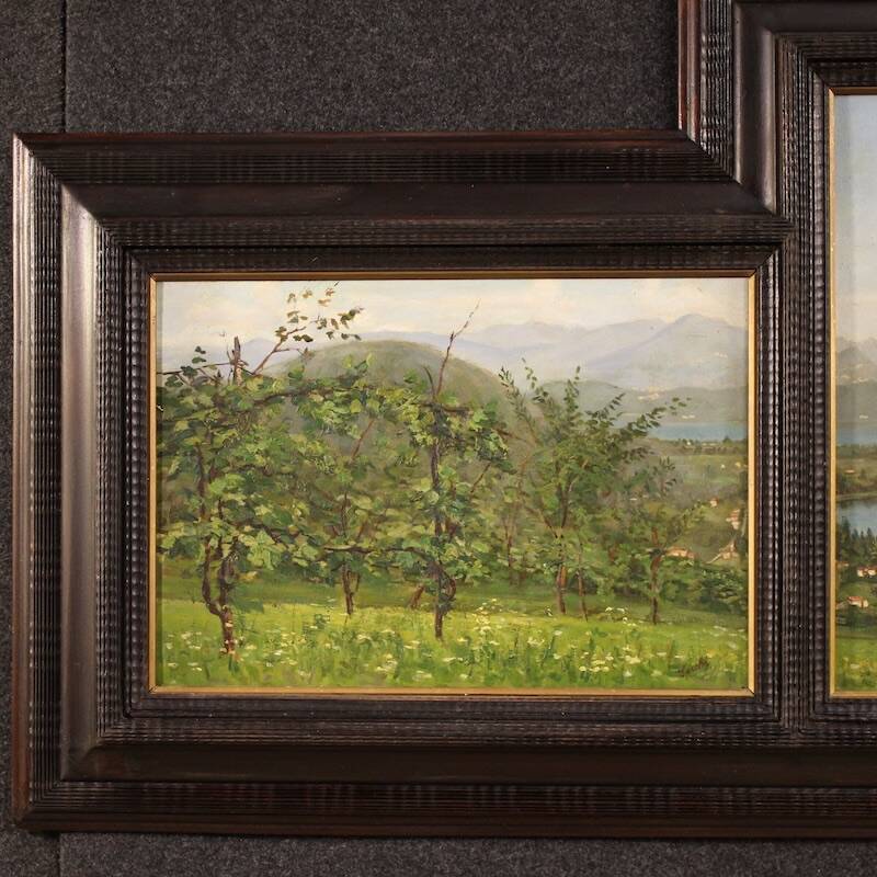 Triptyque de peintures vue du lac de Lugano, 20e siècle