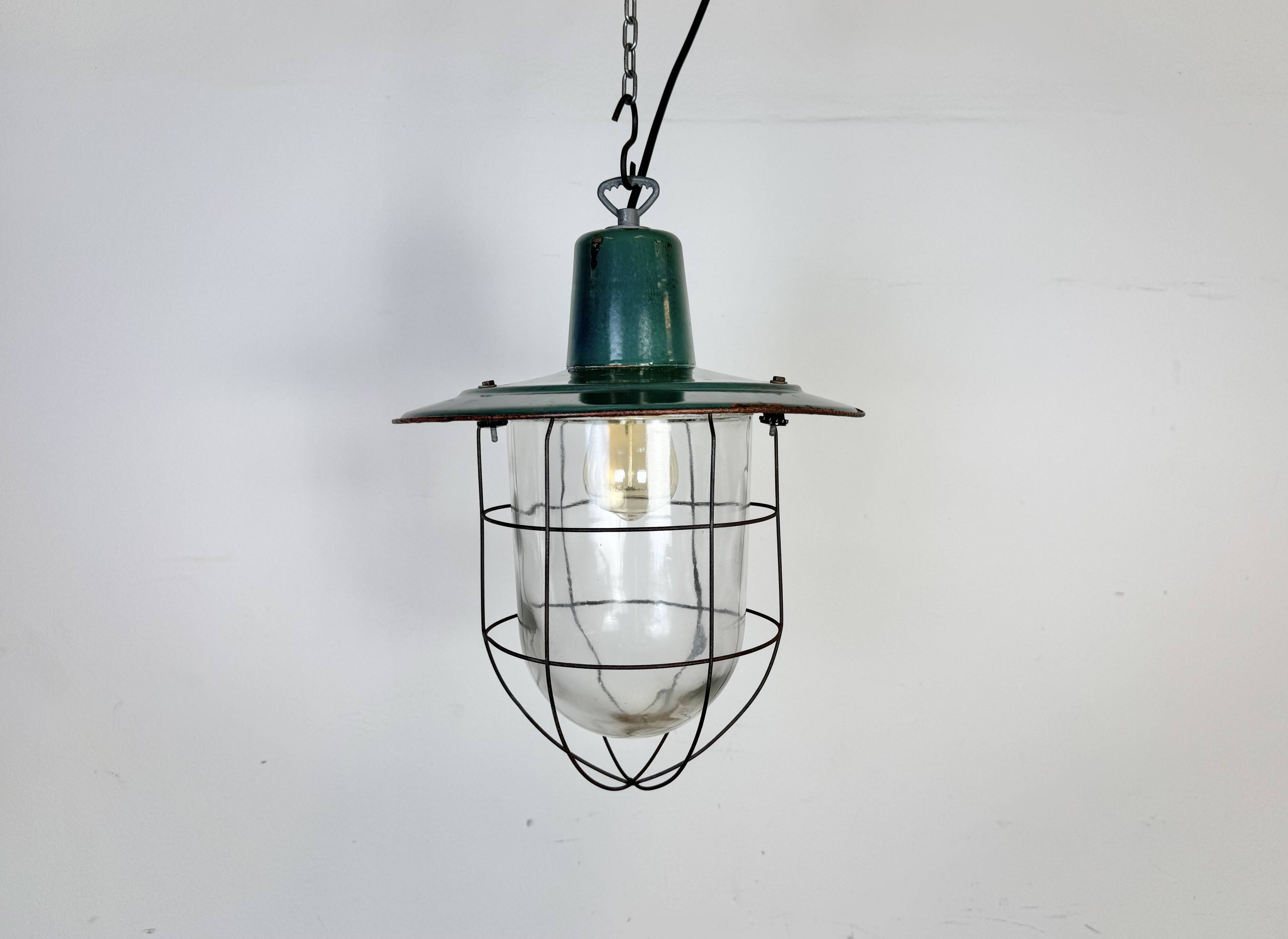 Industrial Green Enamel Cage Pendant Light, 1960s