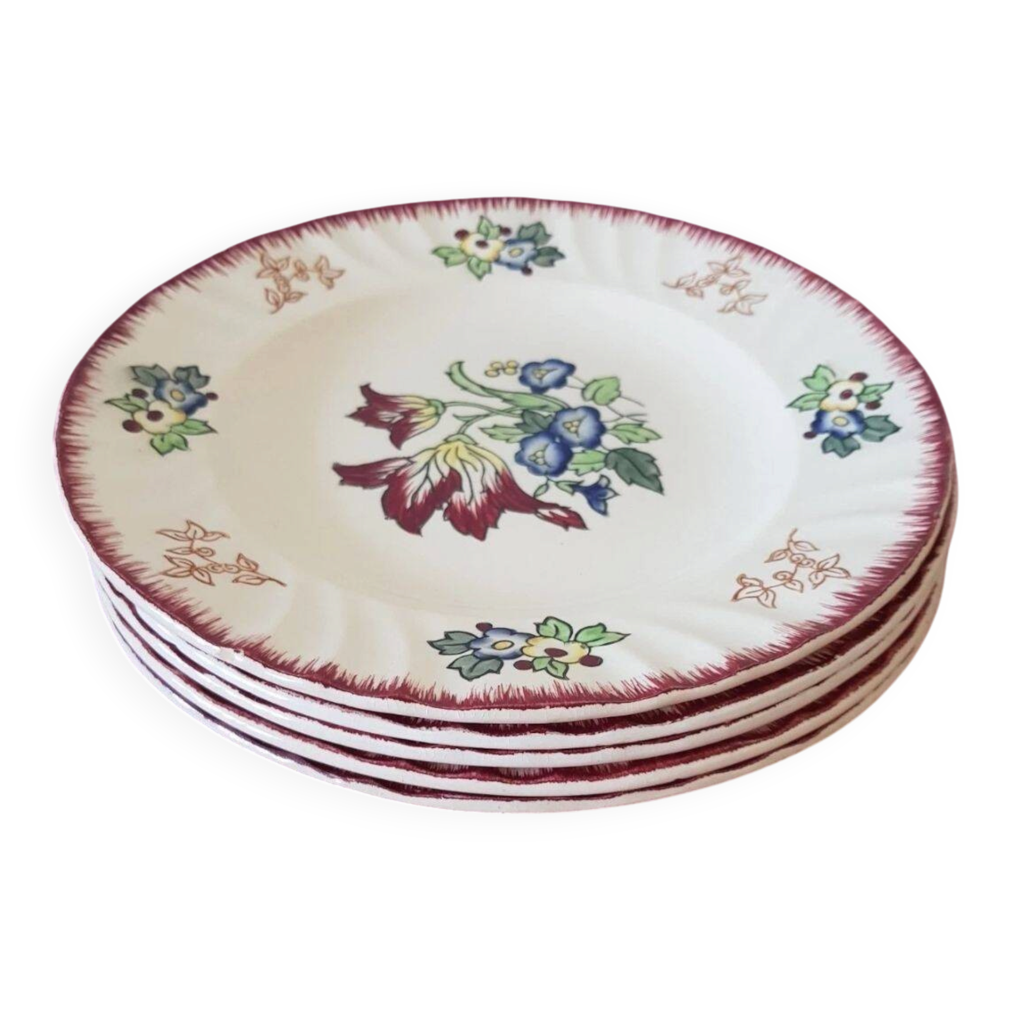 Lot de 5 assiettes plates, signé Longwy