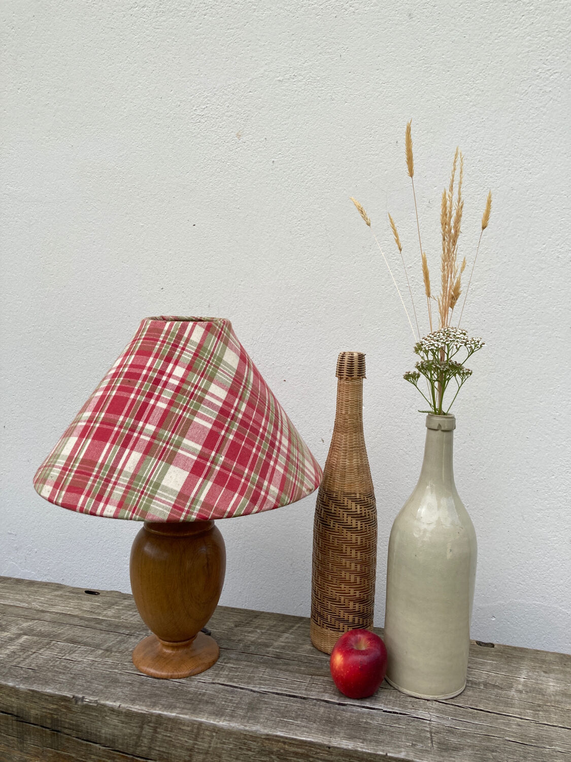 Wooden lamp and vintage red and green striped lampshade