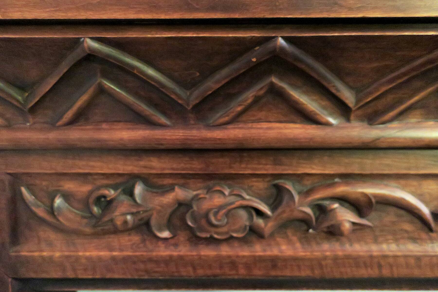 Art deco fireplace in carved solid teak and wrought iron, 1920