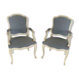 Pair of Louis XV style armchairs with flat backs in painted wood and fabric