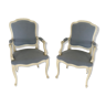 Pair of Louis XV style armchairs with flat backs in painted wood and fabric