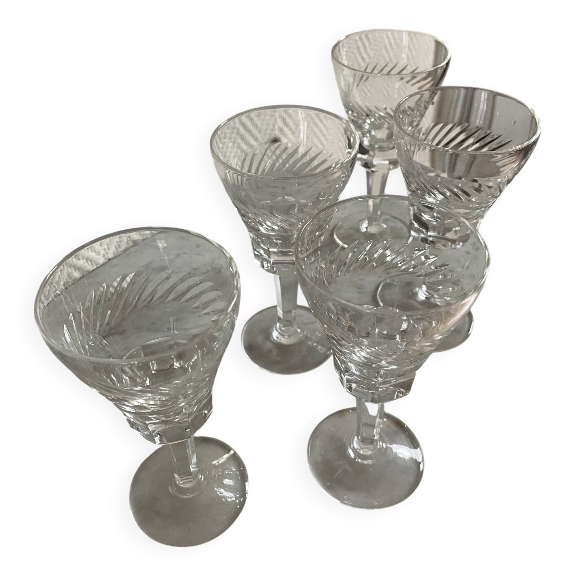 Set of five antique crystal stemmed glasses