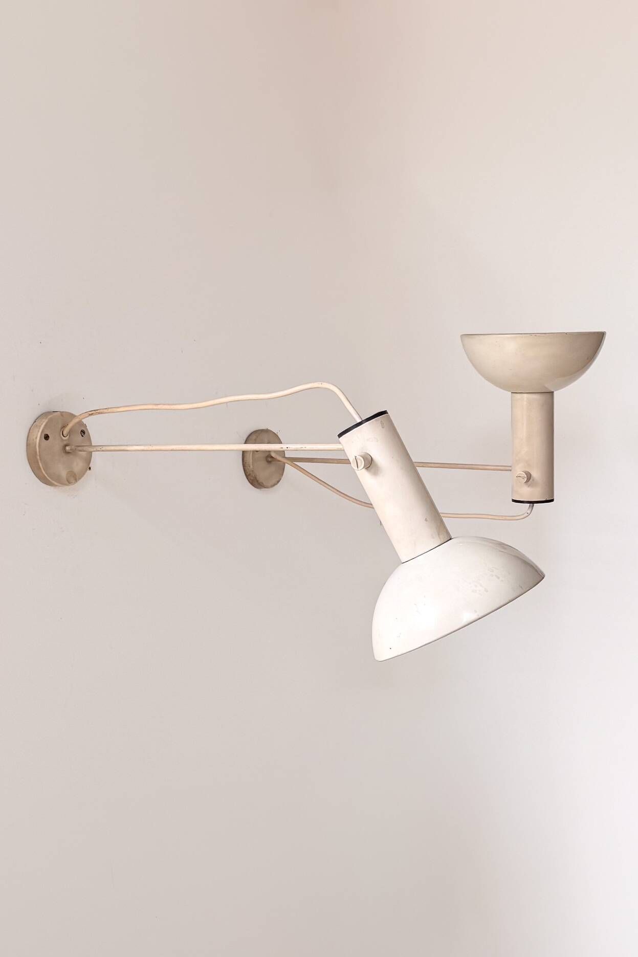 Pair of XL vintage wall lights in matte white metal, France 1970.