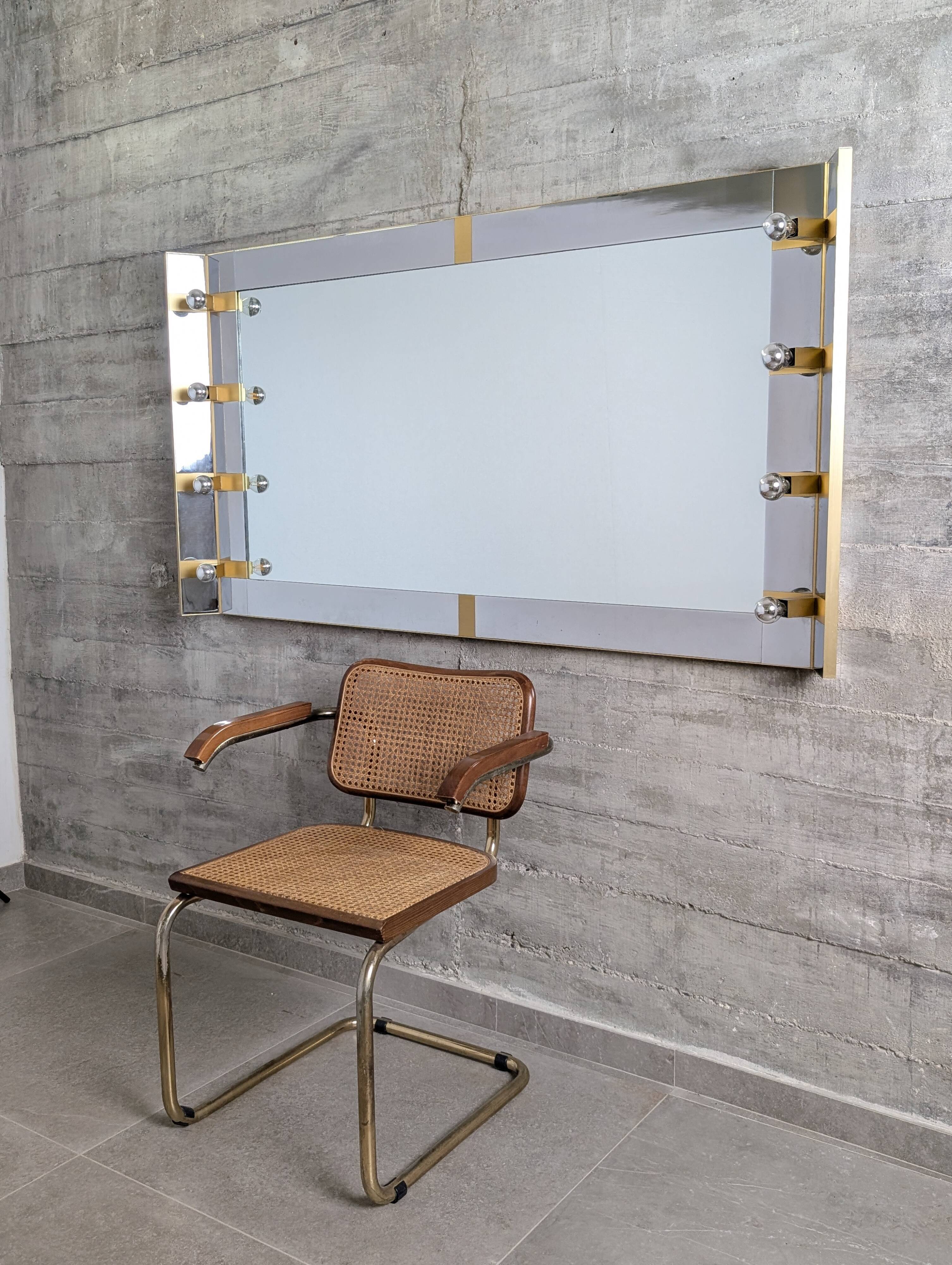Illuminated dressing room mirror by Gaetano Sciolari in chrome and brass, Italy, 1970s