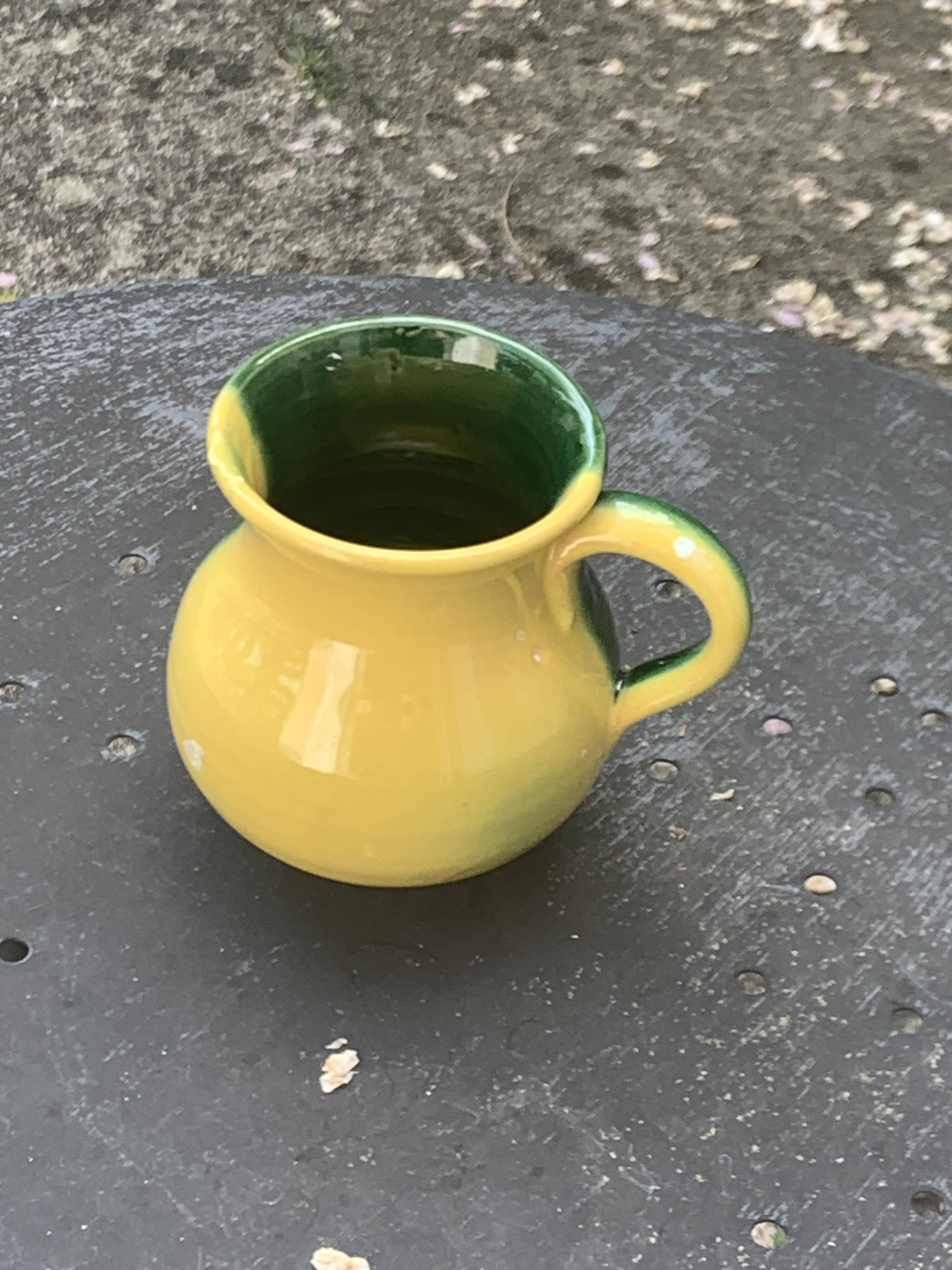 Vintage half-yellow and half-green glazed ceramic vase and pitcher