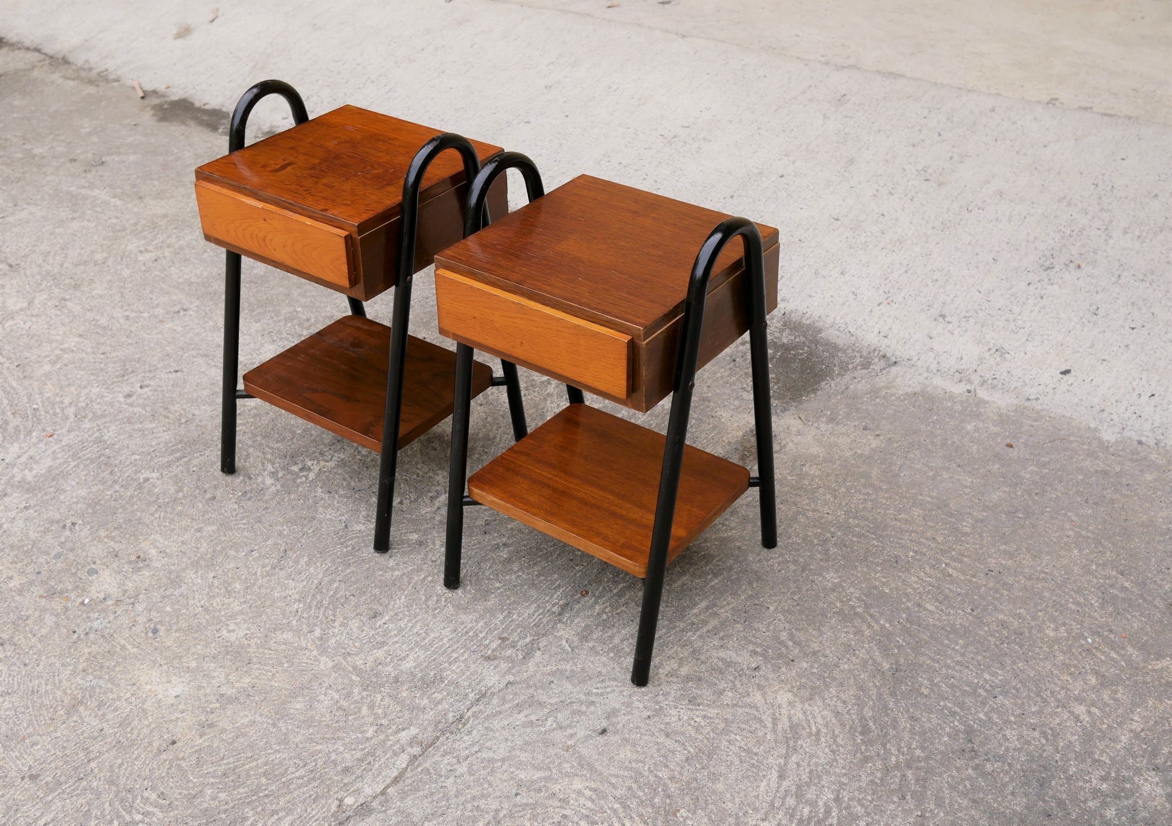 Pair of vintage bedside tables modernists wood and metal