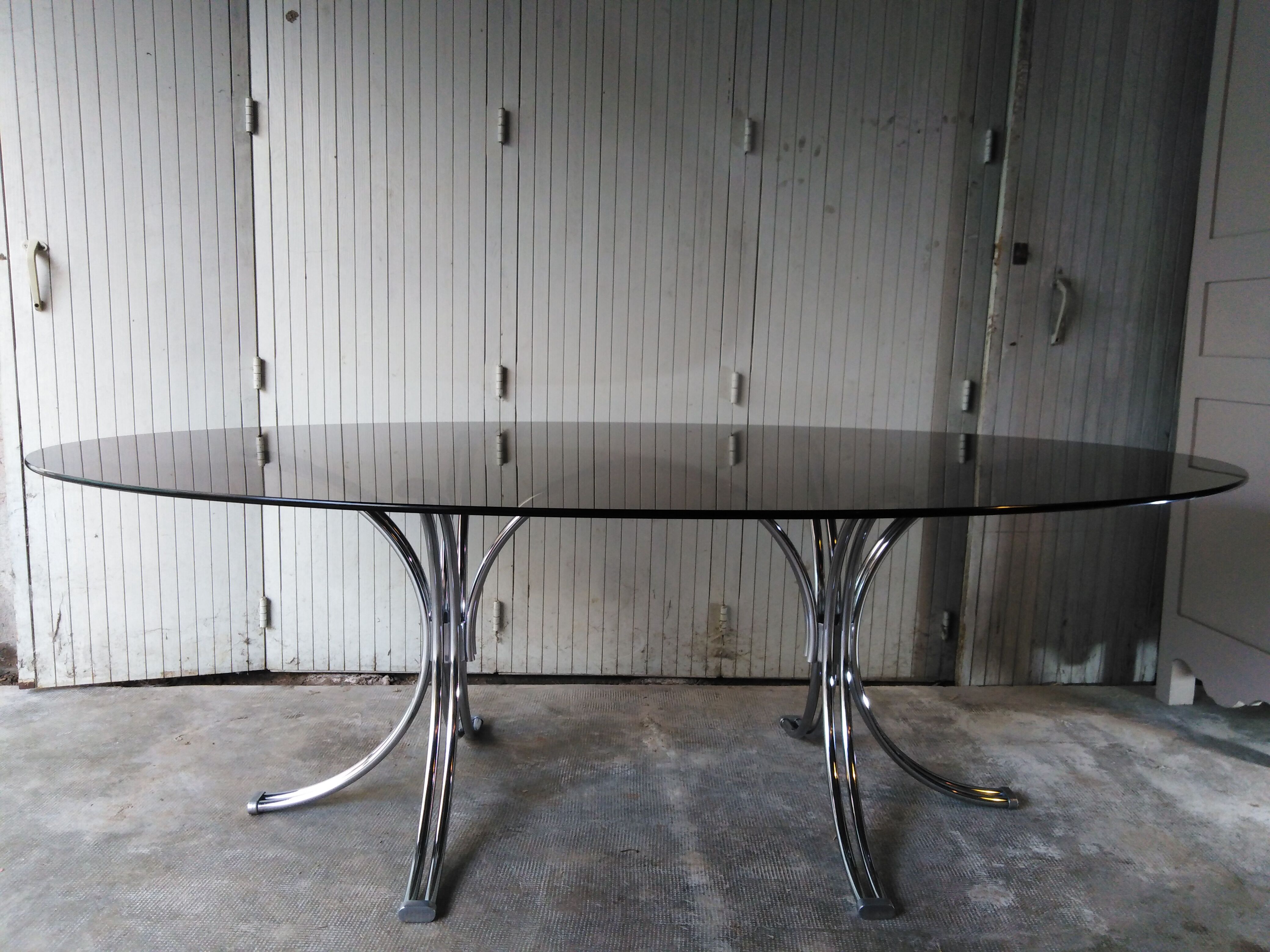Large table Roche Bobois 1970 glass and chrome 8 pers