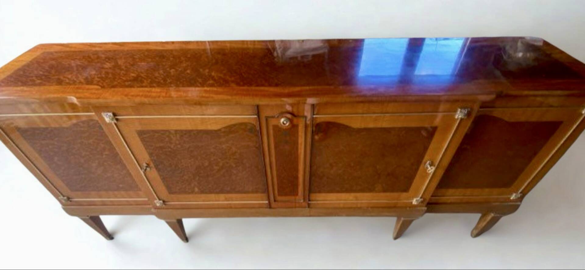 Satin wood sideboard, brass fittings — Mid-Century