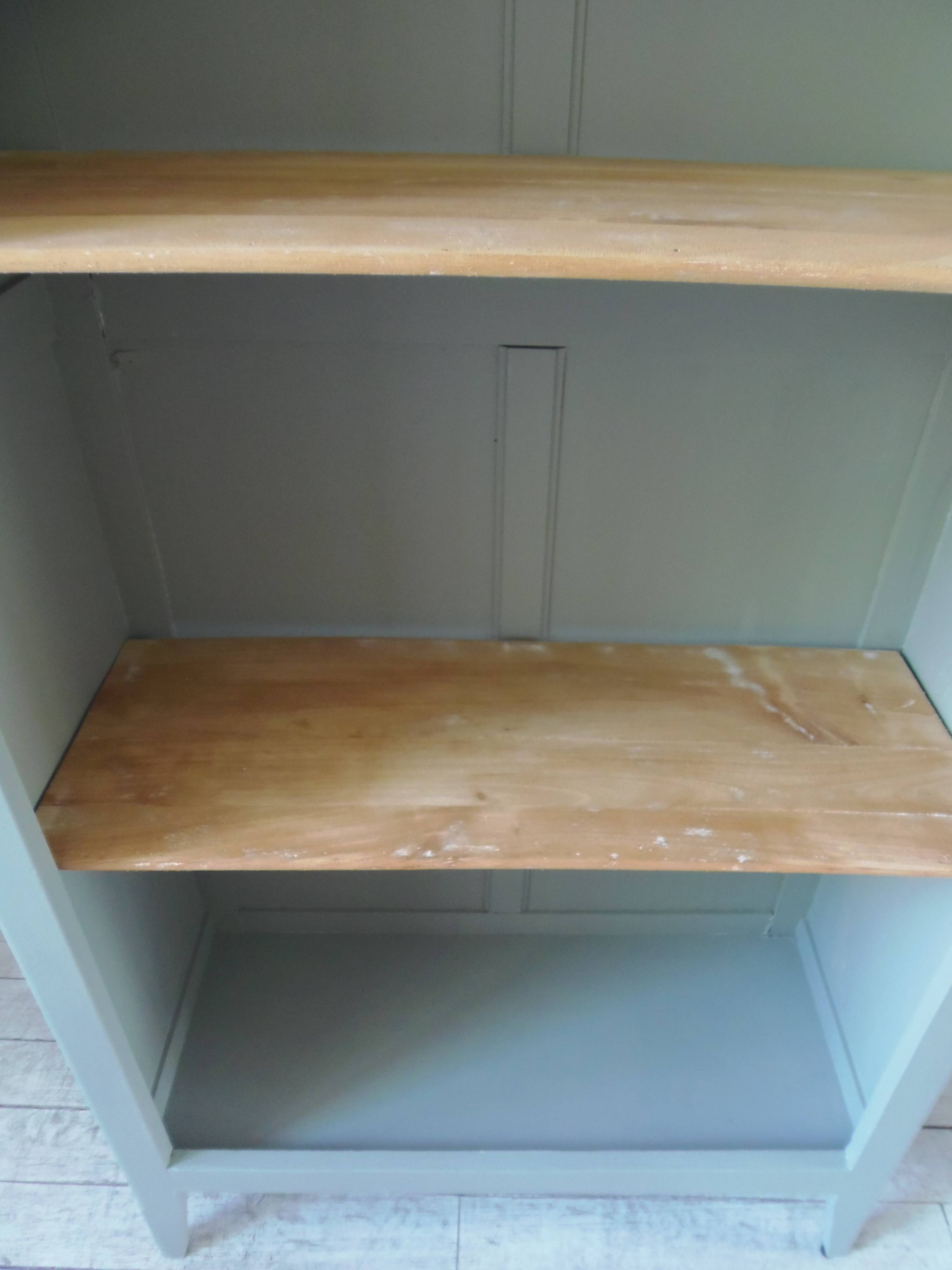 Vintage shallow bookcase re-enchanted in verdigris.