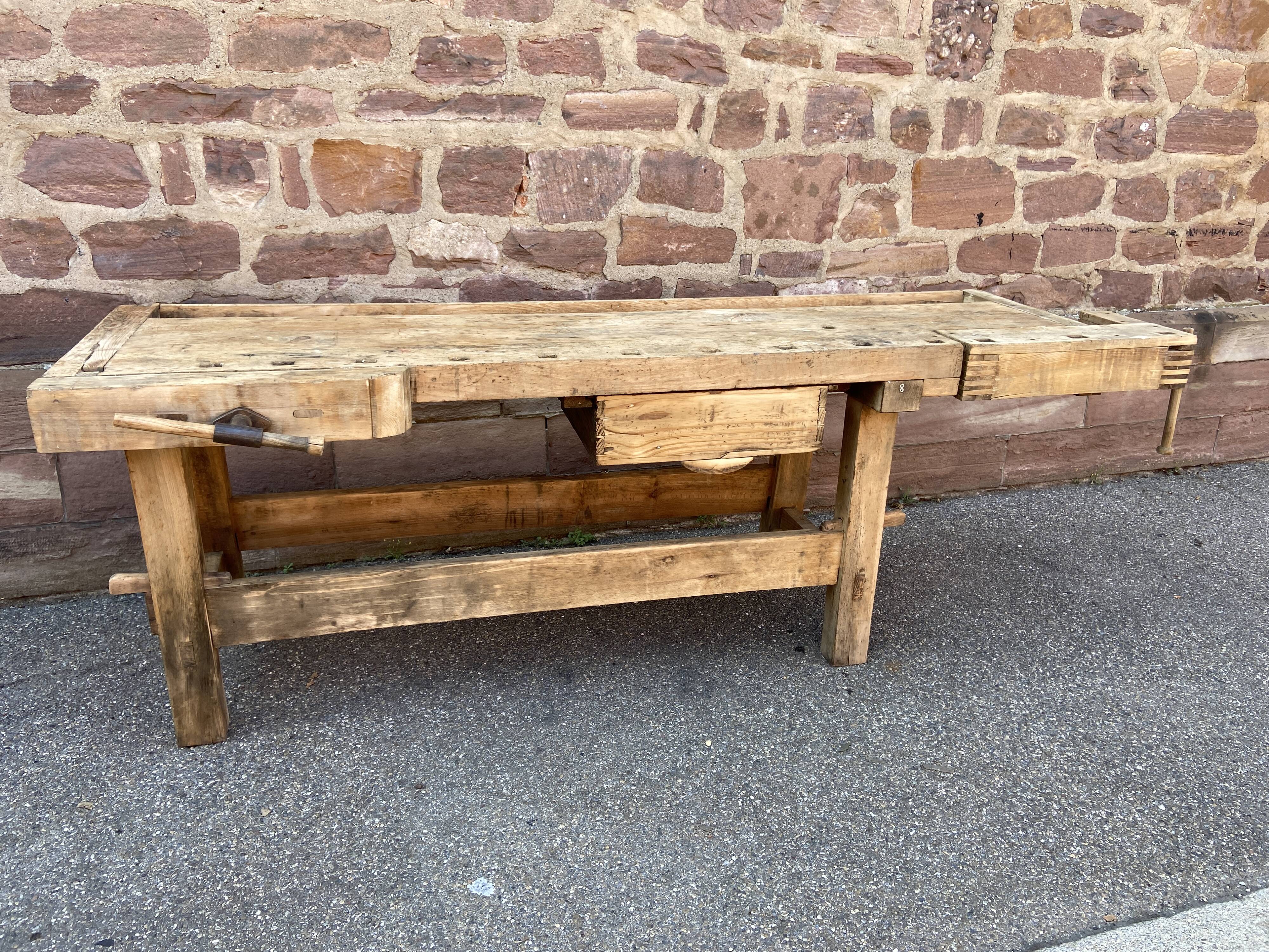 Industrial table Carpenter's workbench in natural raw wood vintage bohemian