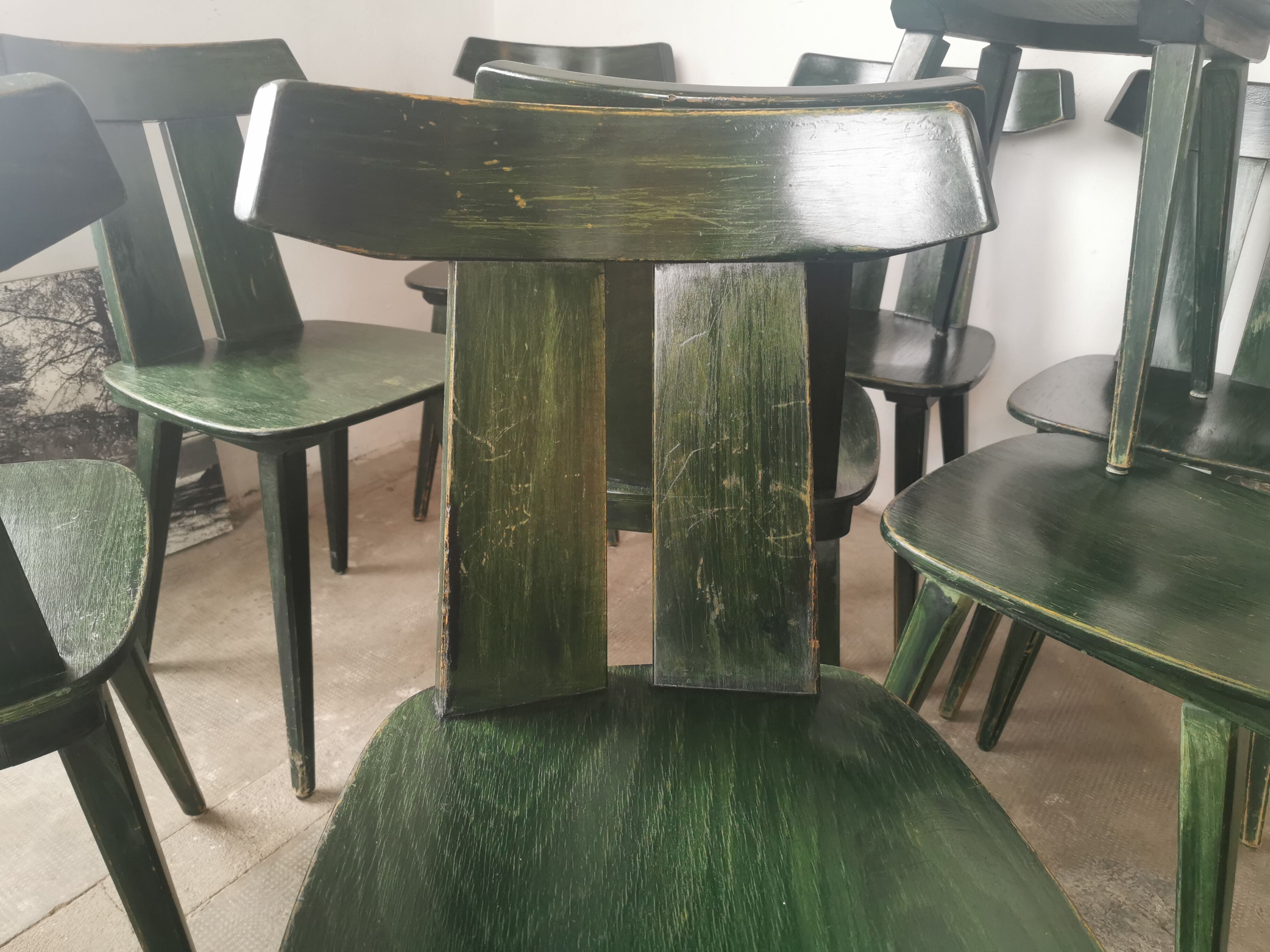 Set of 10 wooden bistro chairs