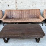 Sofa set with 2 armchairs and coffee table in banbou and leather 1970