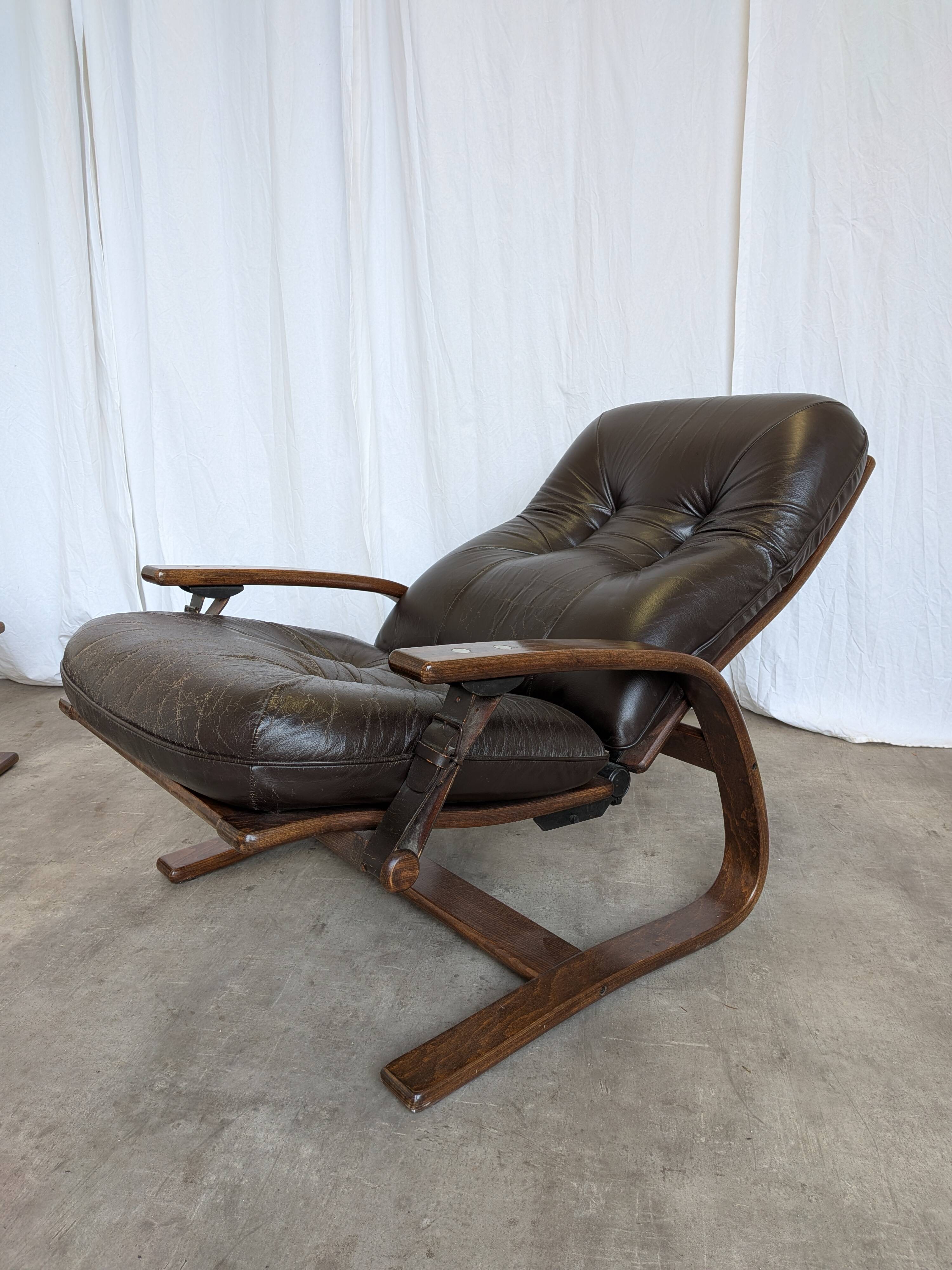 Vintage Panther Lounge Chair with Ottoman / Brown Leather Recliner Armchair
