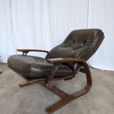 Vintage Panther Lounge Chair with Ottoman / Brown Leather Recliner Armchair