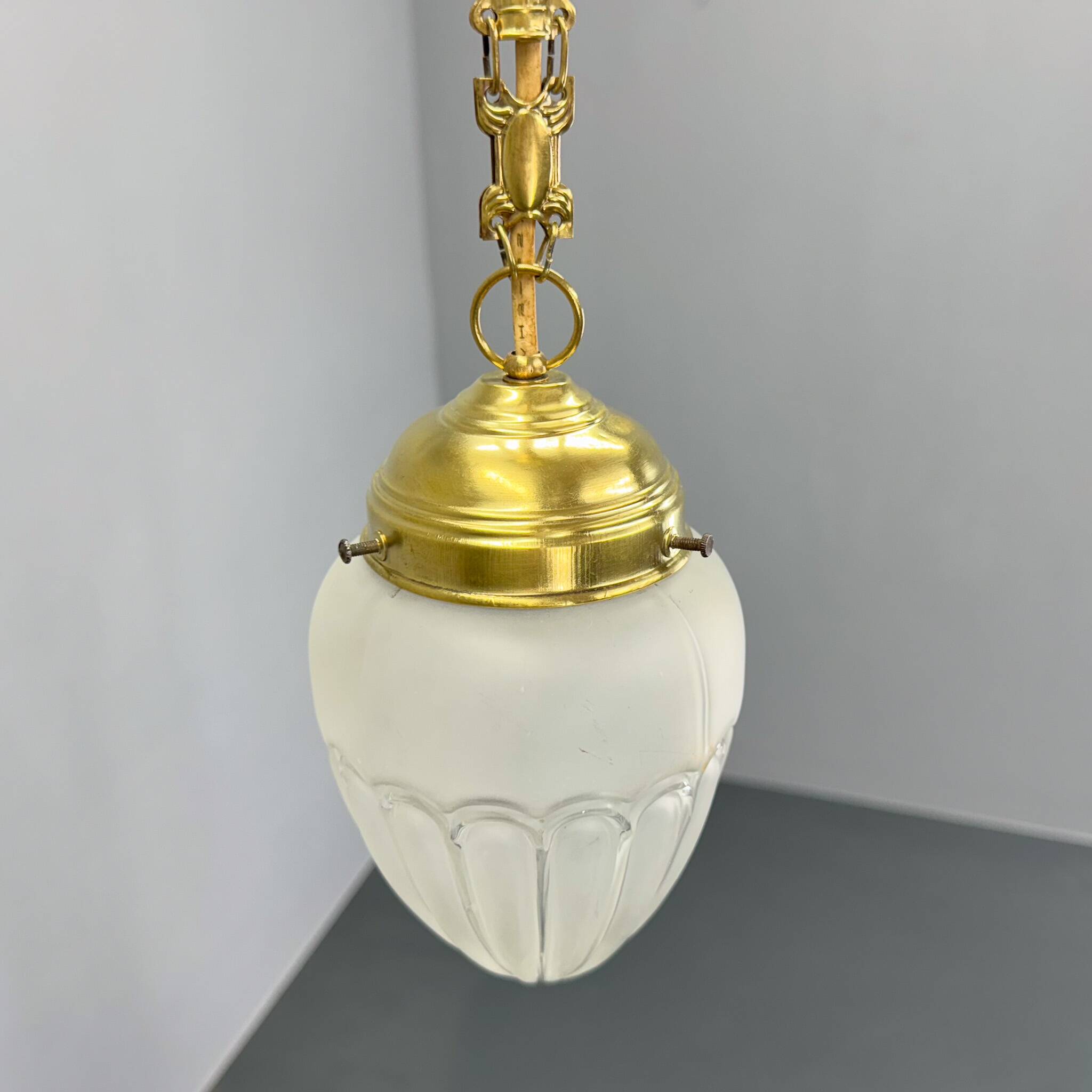 Art Deco Brass & Glass Pendant Light, Germany 1930s, Restored