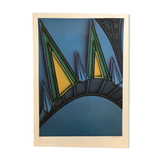 Lithographie originale signée de Jacques Poli, Flèche du Chrysler Building, 1982