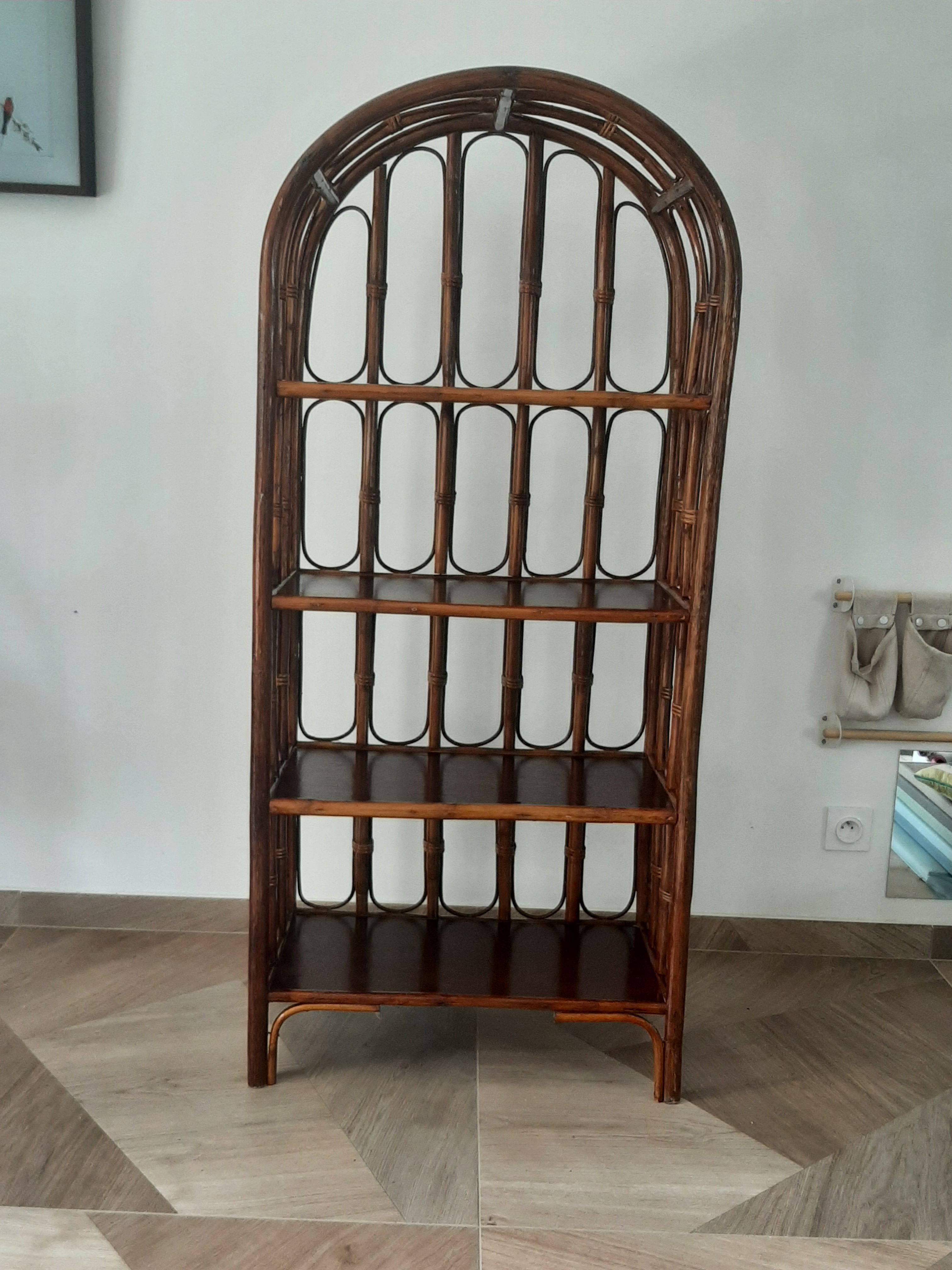 Vintage library 4 levels - wood, bamboo and rattan - retro 80s