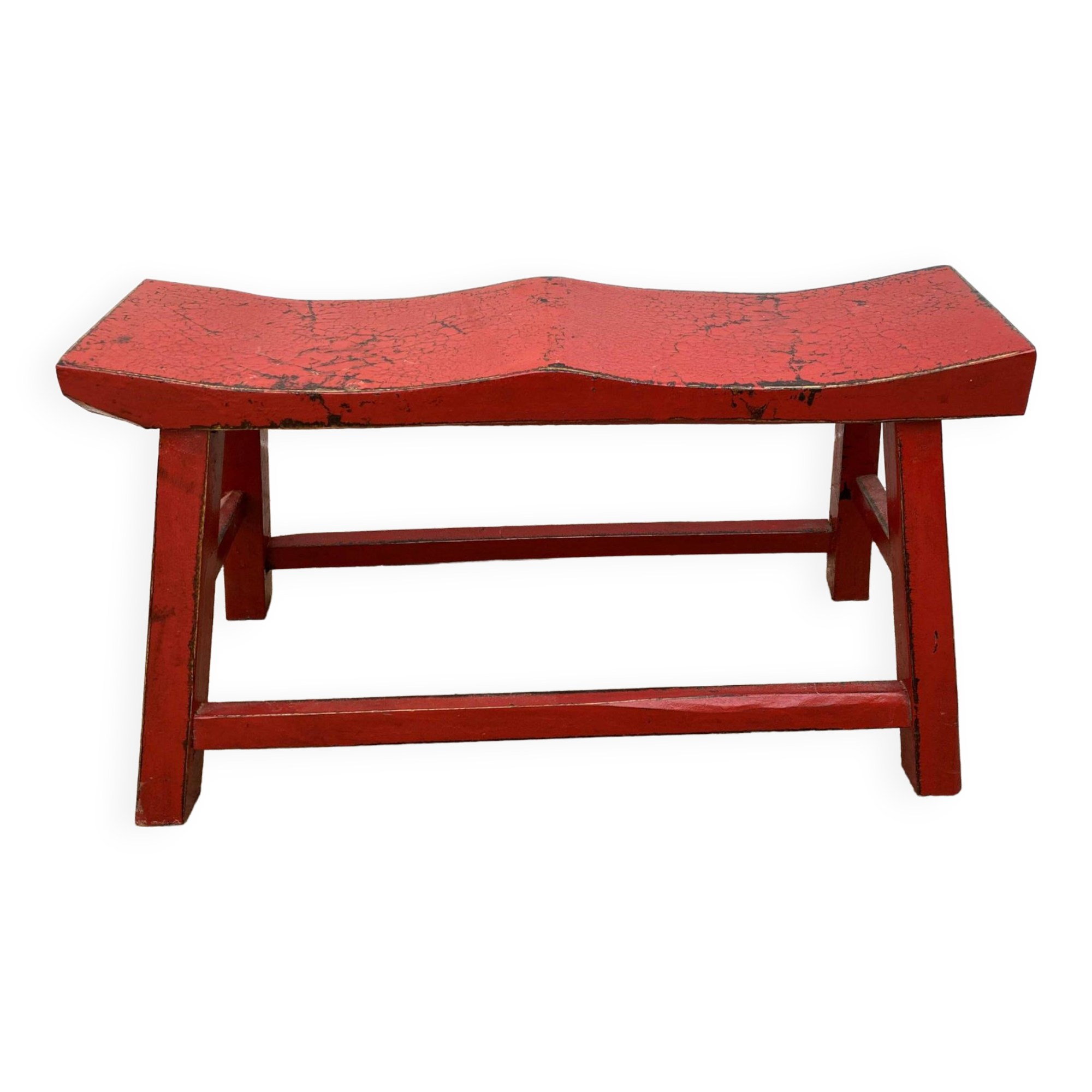 Red end of bed bench in solid wood with cracked effect Chinese style 1950
