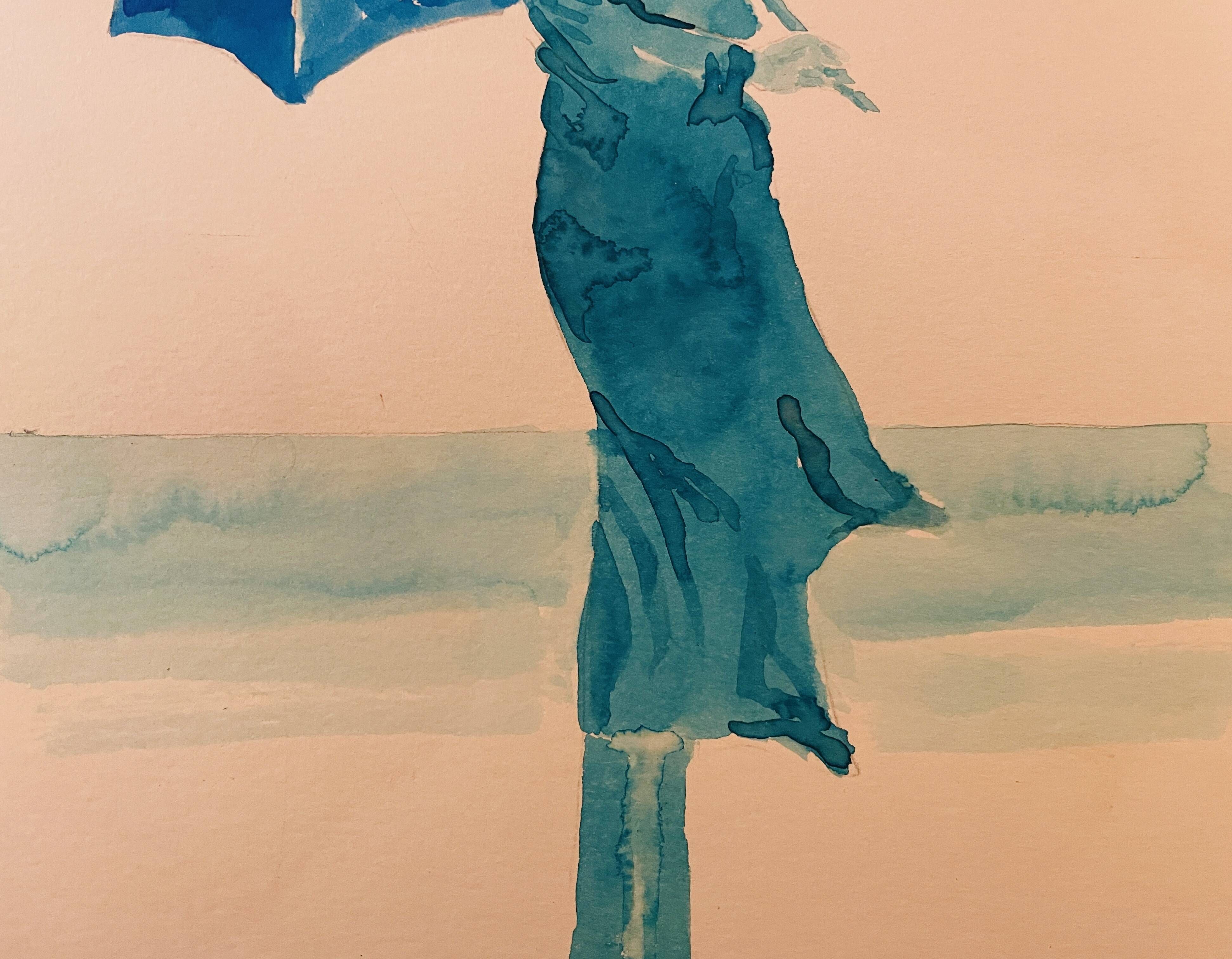 Monochrome blue painting signed female portrait "weekend in Deauville"