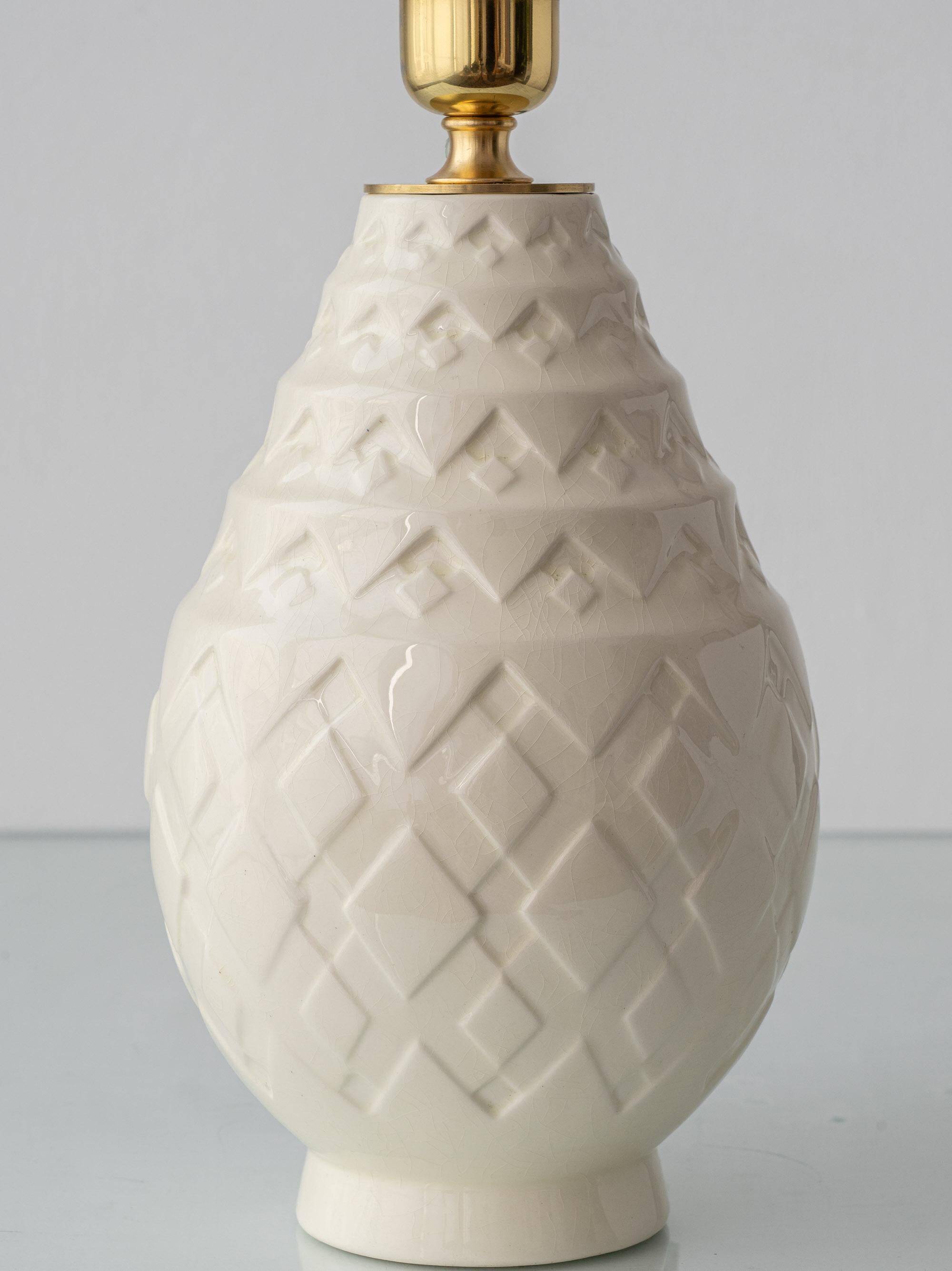 Art Deco table lamp by Charles Catteau for Boch Frères "Pineapple" with new Ikat silk shade.