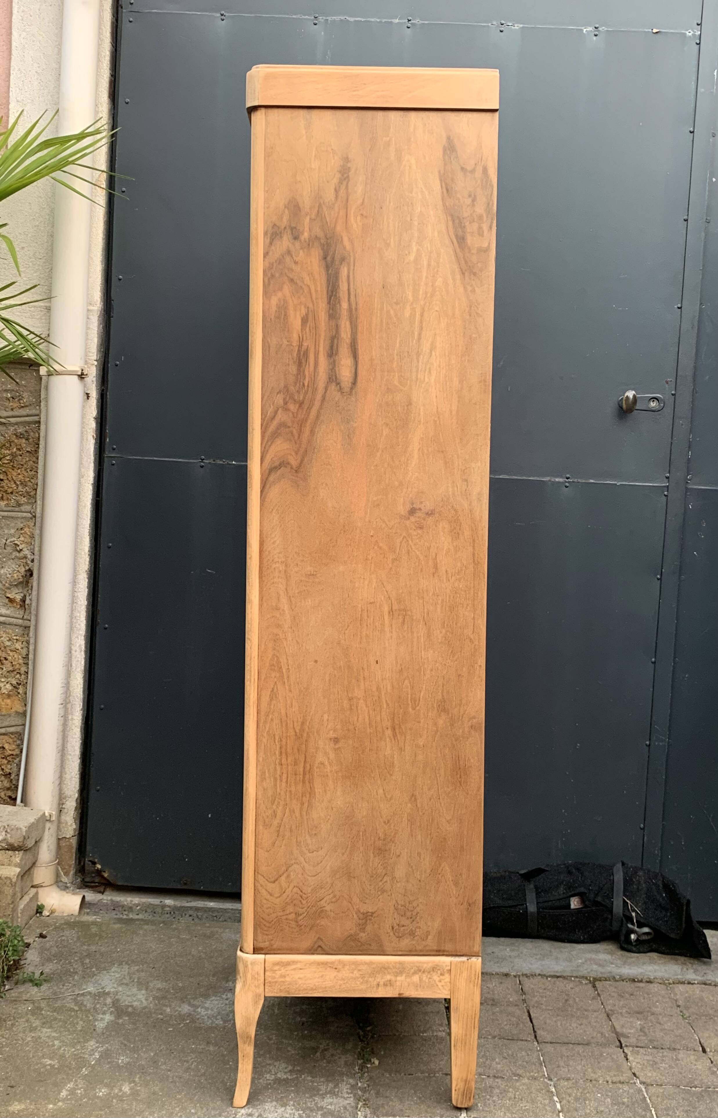 Vintage glass-fronted cabinet, raw wood, 1950s