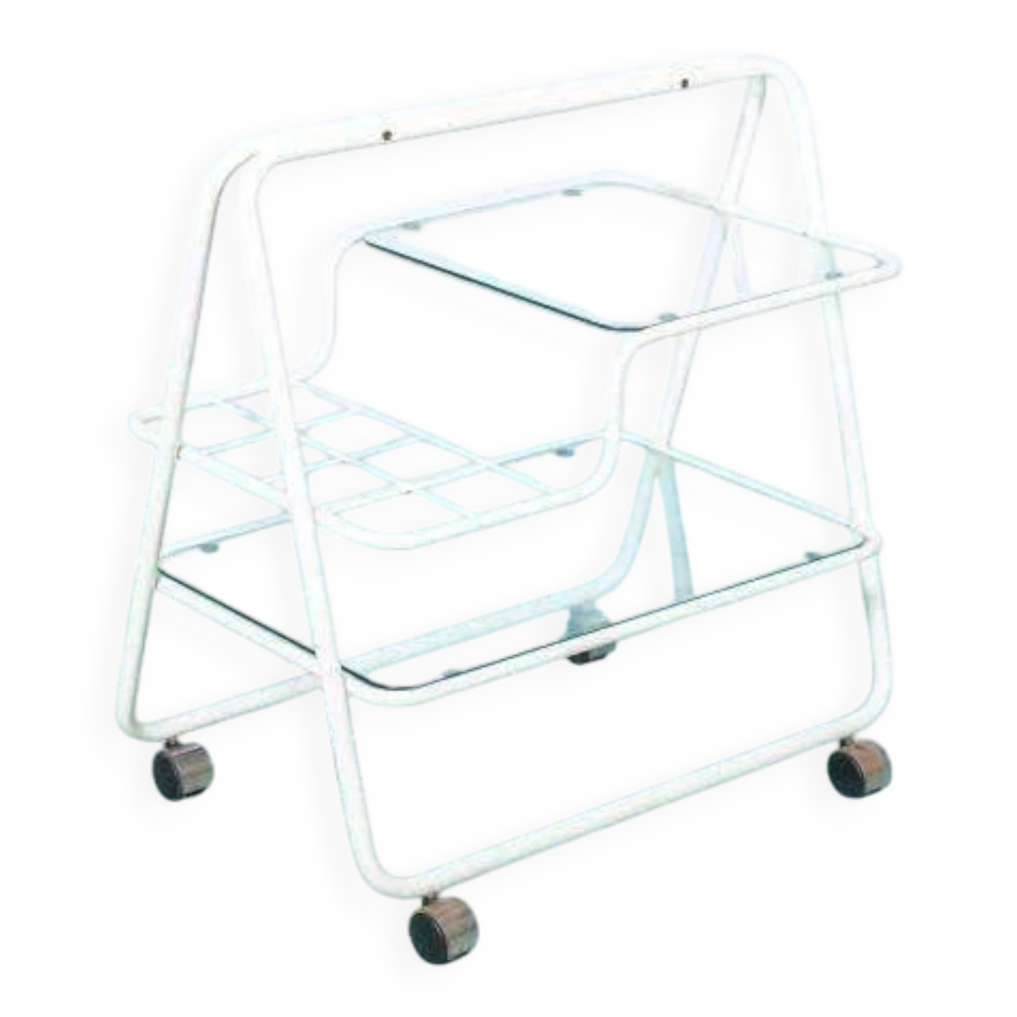 Space age dessert trolley from the 1970s, with metal tubes and glass trays.