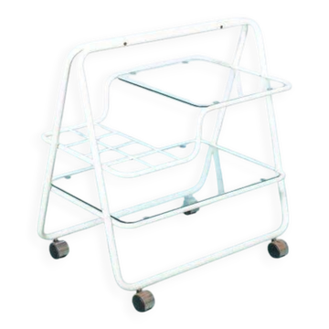 Desserte space age années 70, chariot à tubes en métal et plateaux en verre