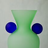 Green and blue satin murano glass vase, Menphis style, Italy, 1980