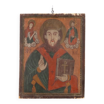 Ancient icon of Saint Nicholas, tempera on panel, Romania, 19th century.