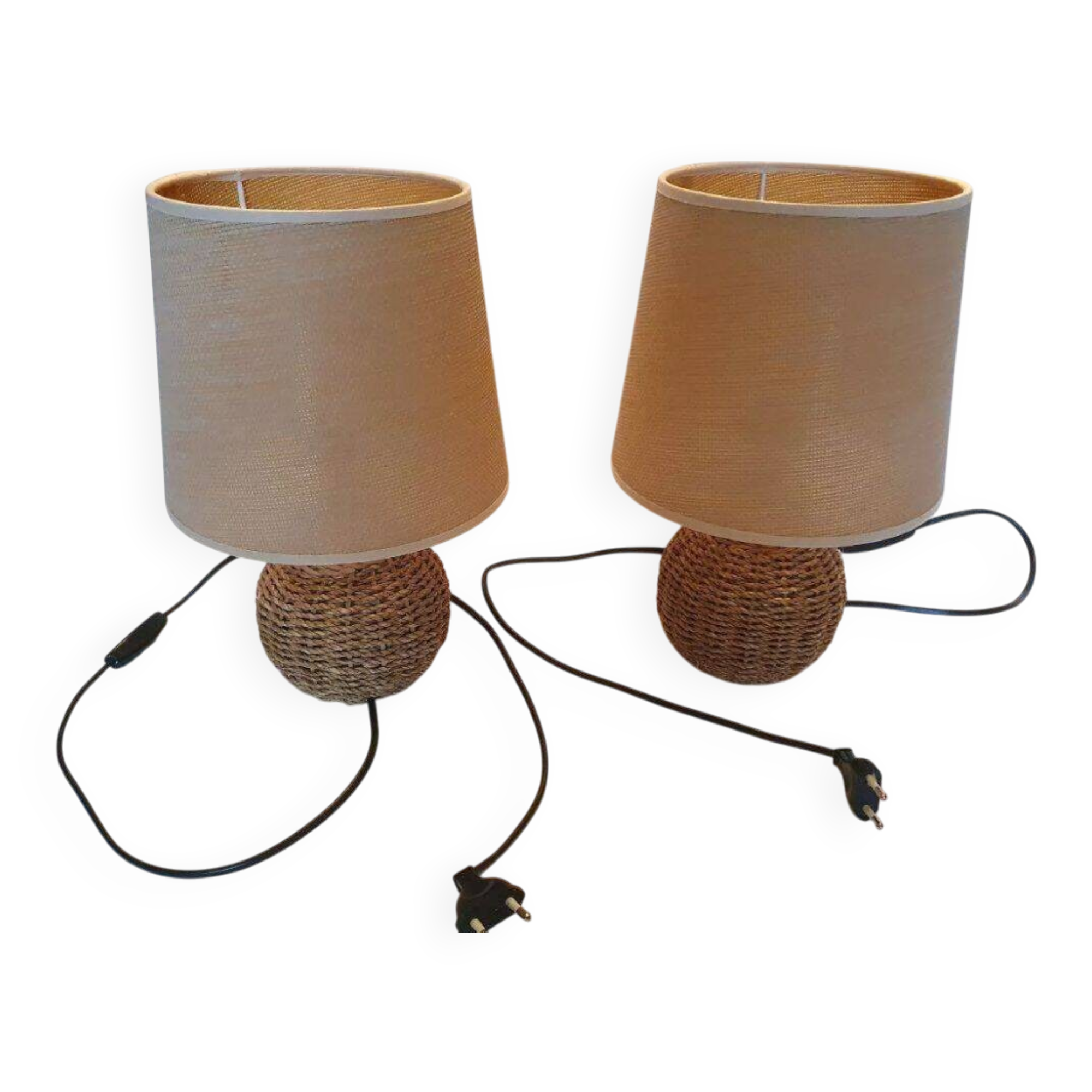 2 Small Vintage Braided Rope Lamps Height 32 cm
