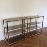 Pair of consoles brass shelves and smoked glass design Roche Bobois